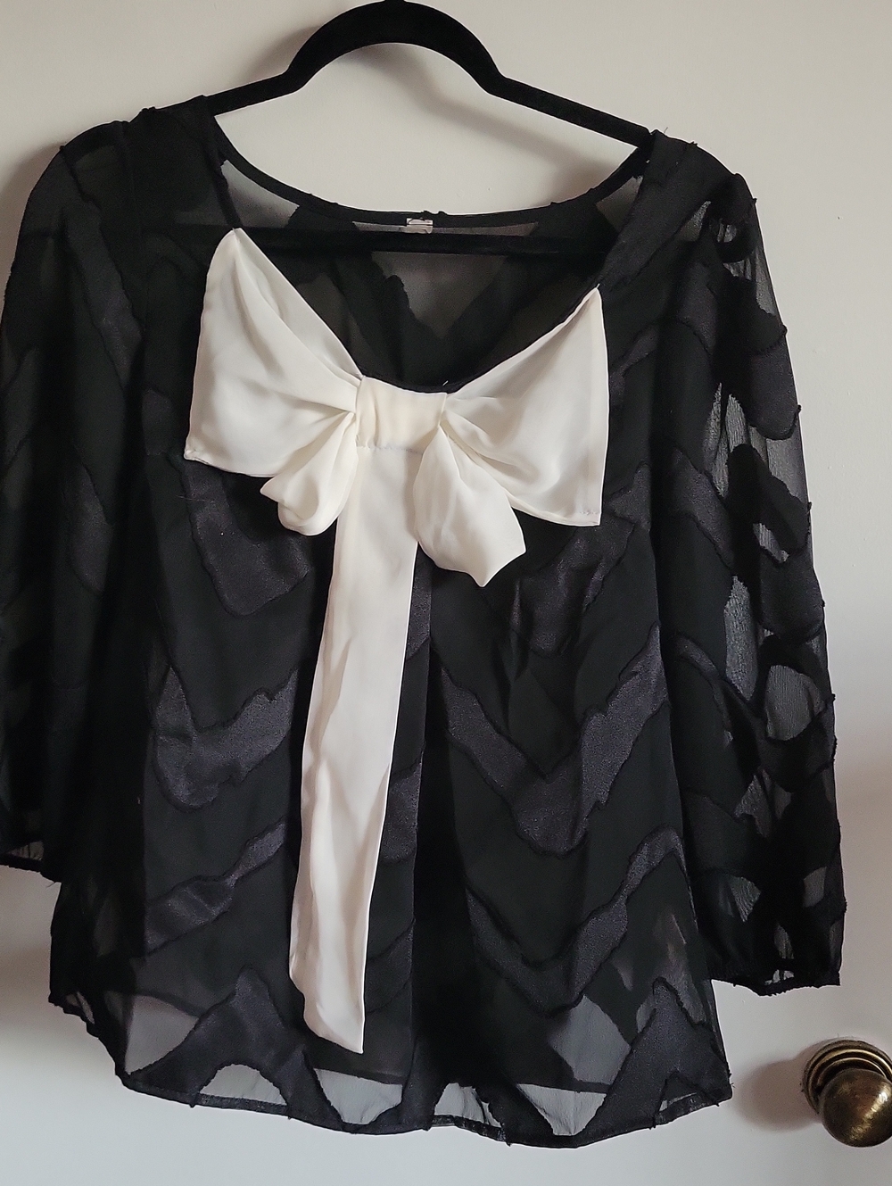 Yahada Black Sheer Blouse with White Bow Accent